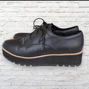 Like New Eileen Fisher Eddy Derby Black Leather Wedge Loafer Oxfords - Size 9